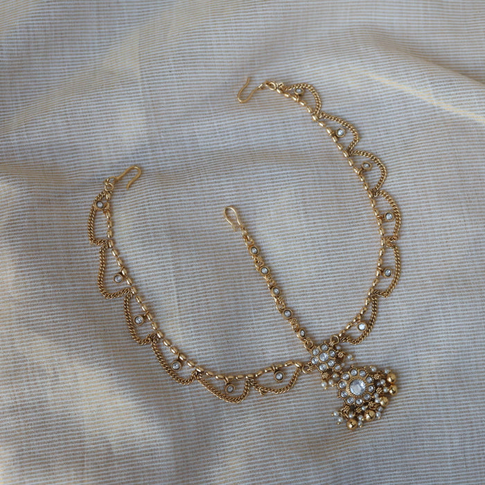 Antique gold white stone 3 layer maang tikka  TA1252