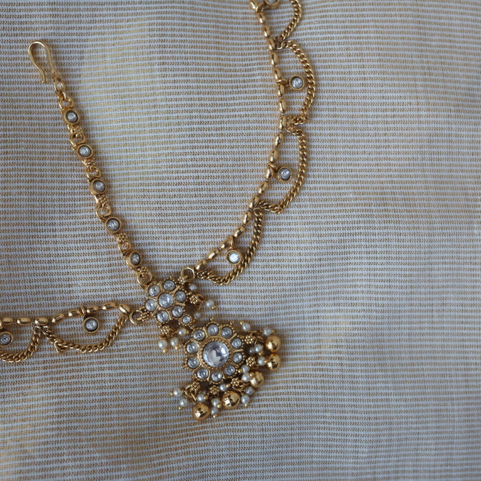 Antique gold white stone 3 layer maang tikka  TA1252