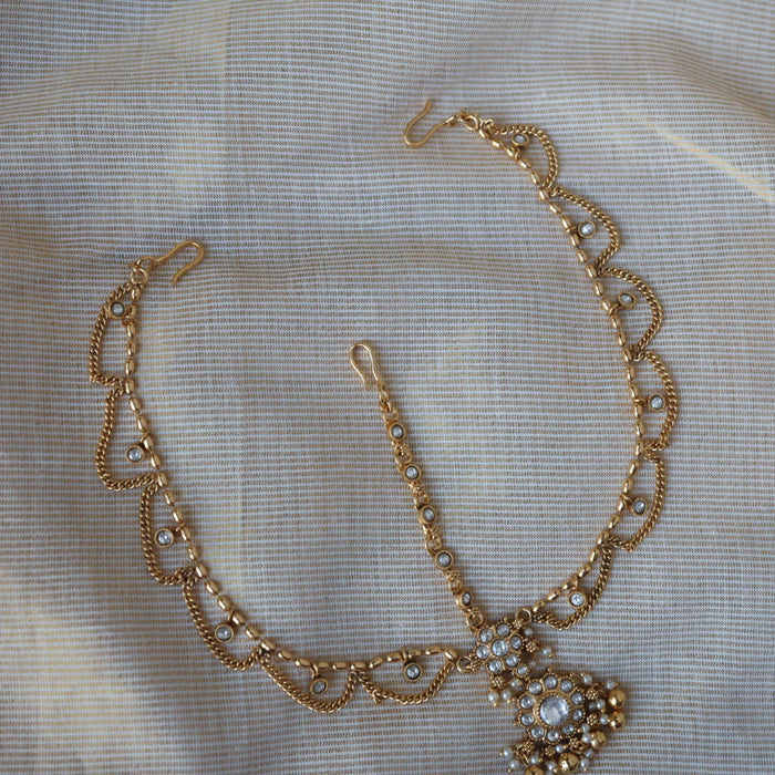 Antique gold white stone 3 layer maang tikka  TA1252