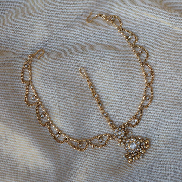 Antique gold white stone 3 layer maang tikka  TA1252