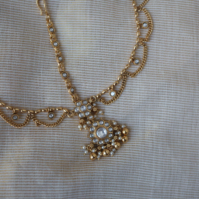 Antique gold white stone 3 layer maang tikka  TA1252