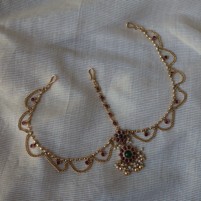 Antique gold ruby green stone 3 layer maang tikka  TA2889