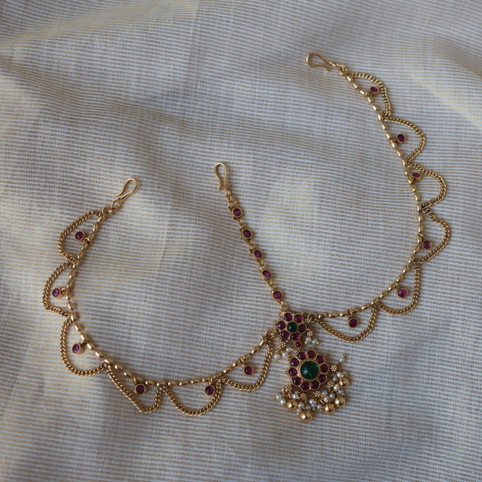 Antique gold ruby green stone 3 layer maang tikka  TA2889