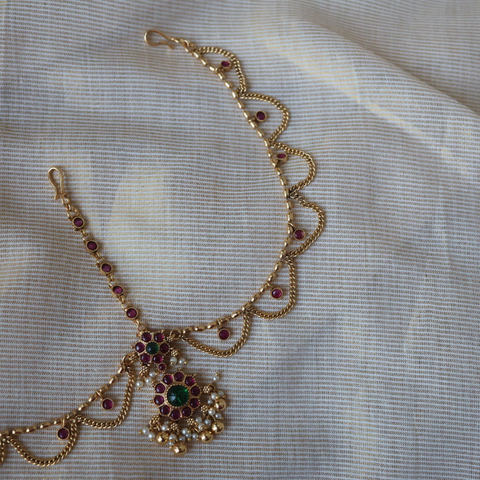 Antique gold ruby green stone 3 layer maang tikka  TA2889