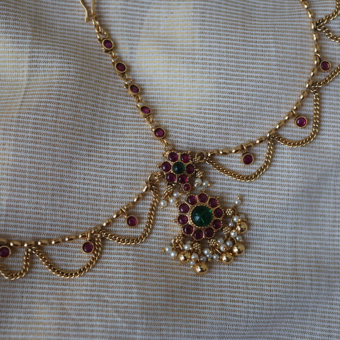 Antique gold ruby green stone 3 layer maang tikka  TA2889