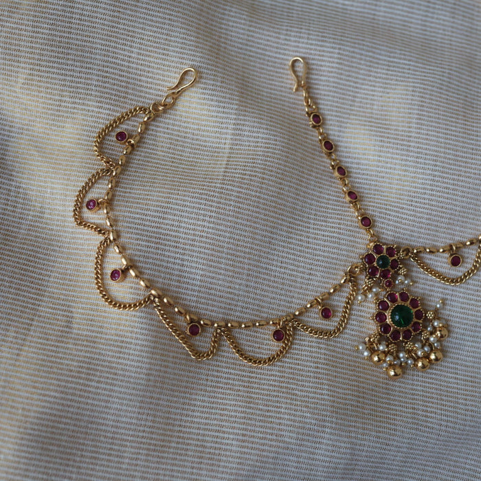 Antique gold ruby green stone 3 layer maang tikka  TA2889
