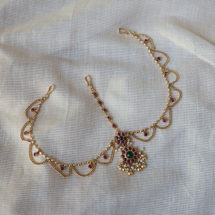Antique gold ruby green stone 3 layer maang tikka  TA2889