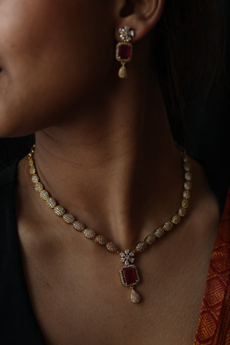 Antique ruby white stone temple short necklace with earrings TTS4569