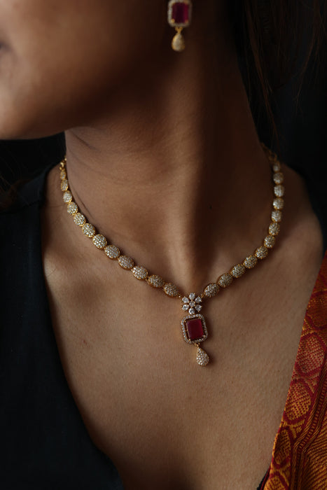 Antique ruby white stone temple short necklace with earrings TTS4569