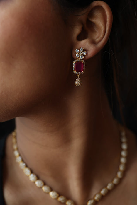 Antique ruby white stone temple short necklace with earrings TTS4569