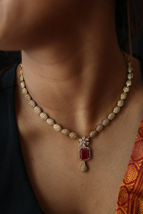 Antique ruby white stone temple short necklace with earrings TTS4569