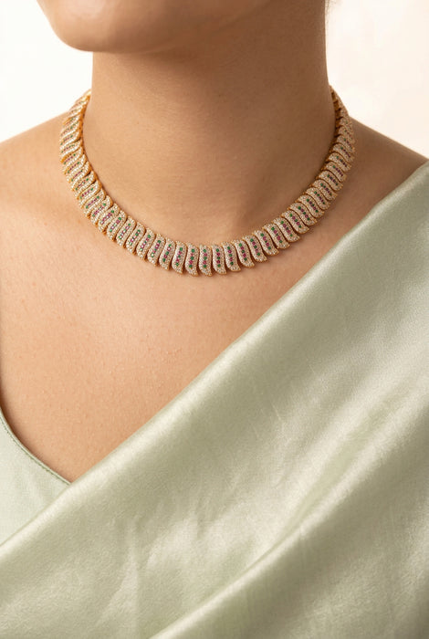 Heritage gold plated ruby green white stone short necklace H837