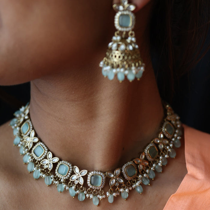 Trendy mint tone choker necklace with earrings TM043211