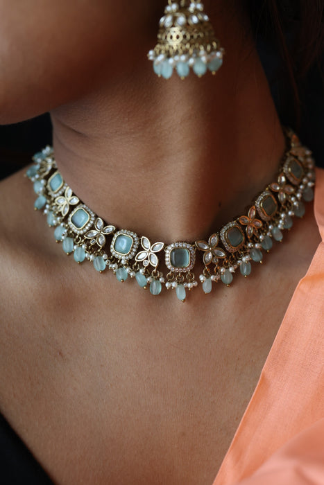 Trendy mint tone choker necklace with earrings TM043211