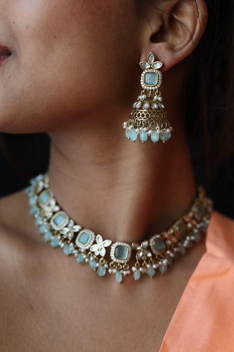 Trendy mint tone choker necklace with earrings TM043211