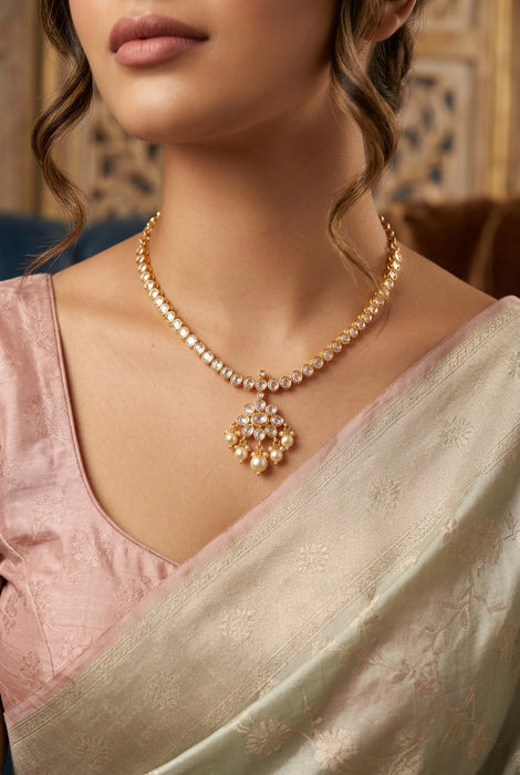 Heritage gold plated white stone short necklace with earrings HW8996