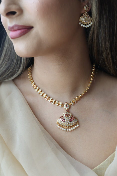 Heritage gold plated ruby white stone short necklace with earrings H9123