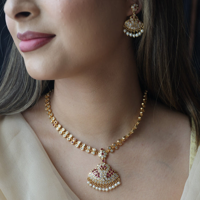 Heritage gold plated ruby white stone short necklace with earrings H9123
