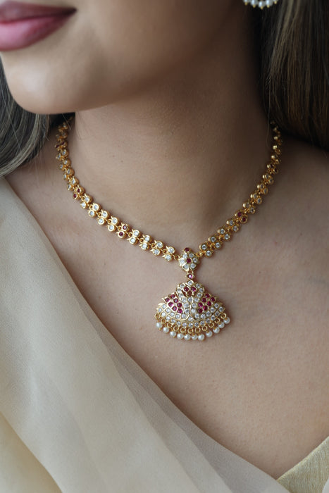 Heritage gold plated ruby white stone short necklace with earrings H9123