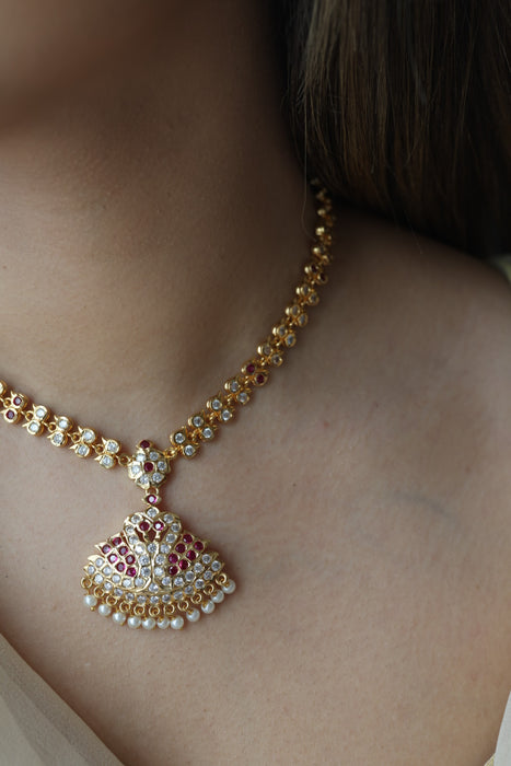 Heritage gold plated ruby white stone short necklace with earrings H9123