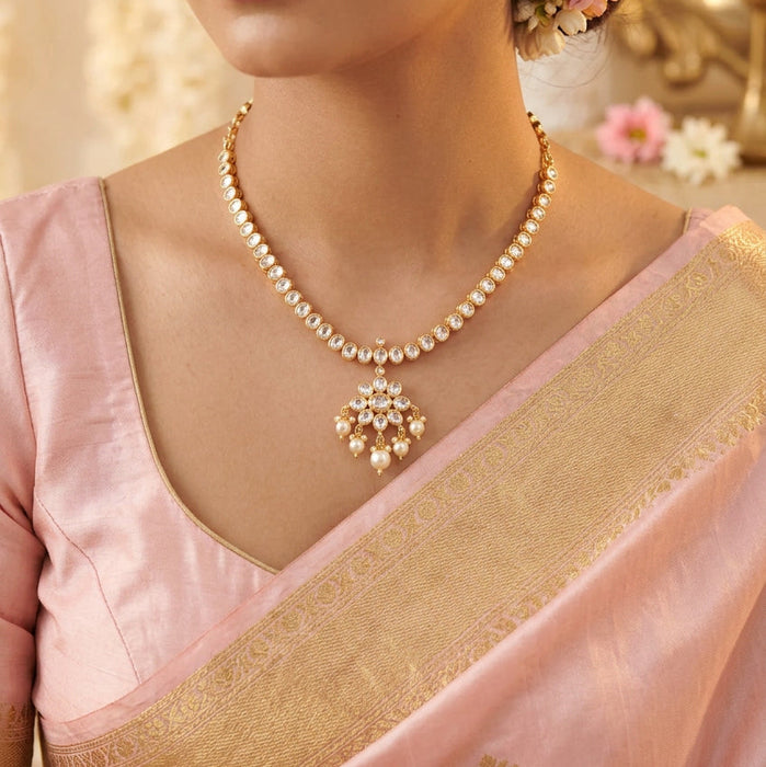 Heritage gold plated white stone short necklace with earrings HW8996