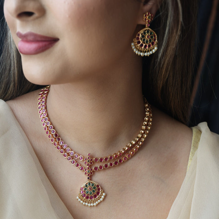 Heritage gold plated ruby green stone layer short necklace H1789