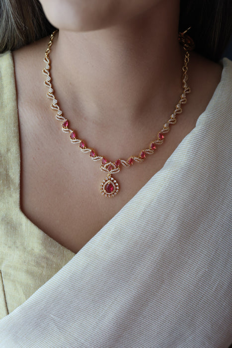 Heritage gold plated ruby white stone short necklace with earrings H837
