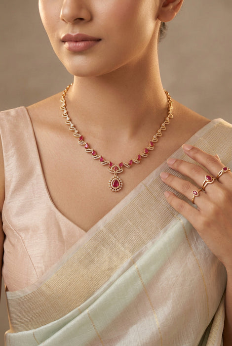 Heritage gold plated ruby white stone short necklace with earrings H837