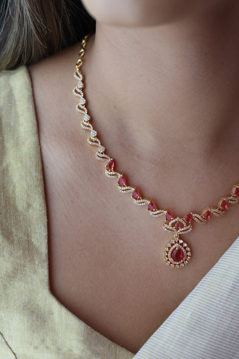 Heritage gold plated ruby white stone short necklace with earrings H837