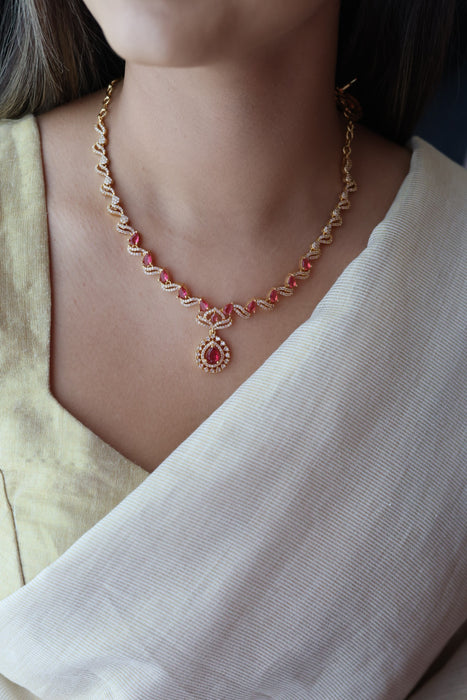 Heritage gold plated ruby white stone short necklace with earrings H837