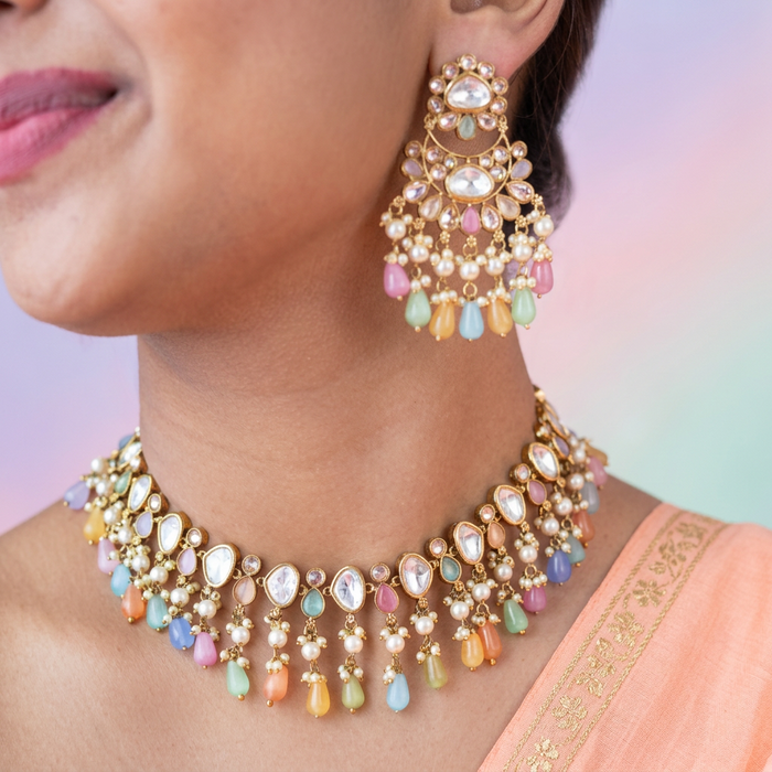 Trendy multi stone choker necklace with earrings TM356