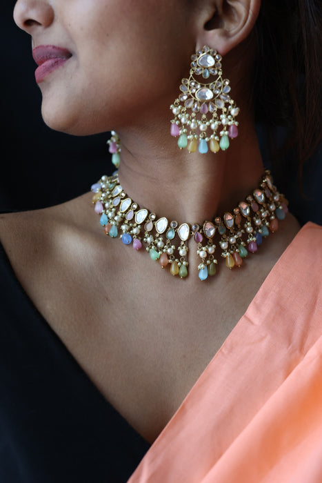 Trendy multi stone choker necklace with earrings TM356