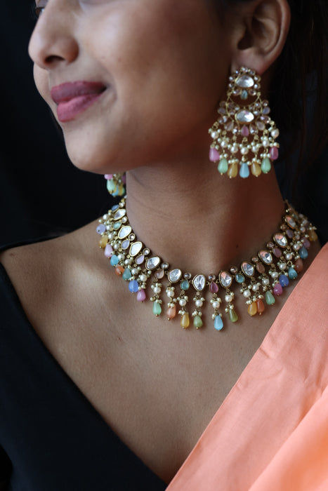 Trendy multi stone choker necklace with earrings TM356