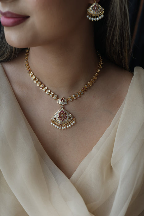 Heritage gold plated ruby white stone short necklace with earrings H6789