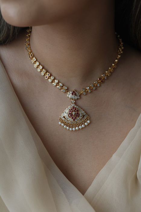 Heritage gold plated ruby white stone short necklace with earrings H6789