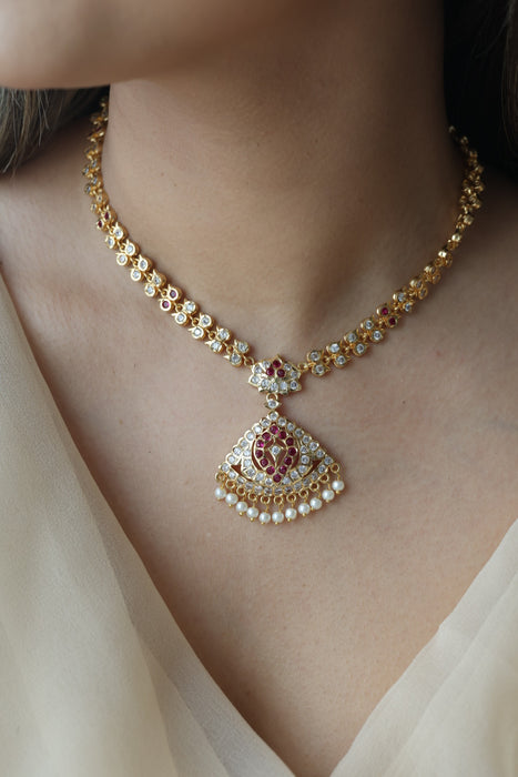 Heritage gold plated ruby white stone short necklace with earrings H6789