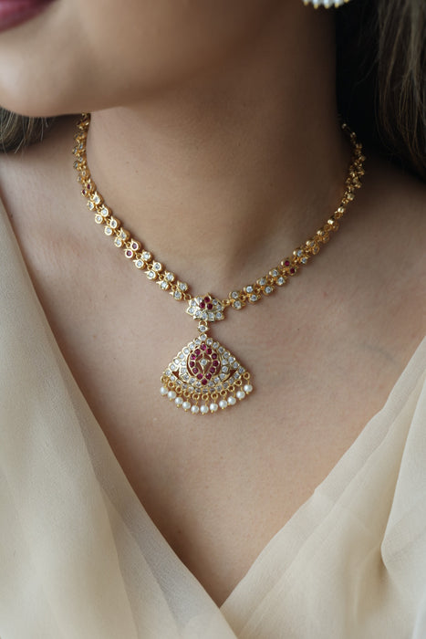 Heritage gold plated ruby white stone short necklace with earrings H6789