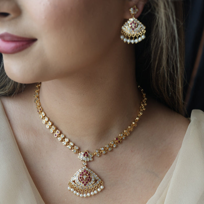Heritage gold plated ruby white stone short necklace with earrings H6789