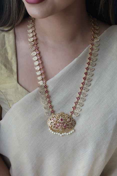 Heritage gold plated ruby white stone mango long necklace HL79913