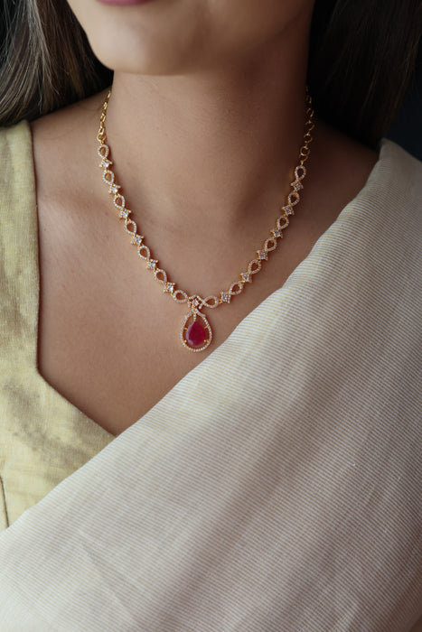 Heritage gold plated ruby white stone short necklace with earrings HRW1823