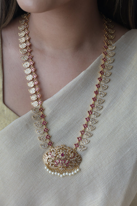 Heritage gold plated ruby white stone mango long necklace HL79913