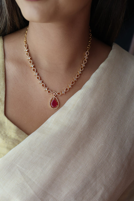 Heritage gold plated ruby white stone short necklace with earrings HRW1823