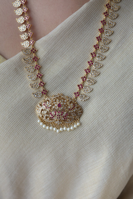 Heritage gold plated ruby white stone mango long necklace HL79913