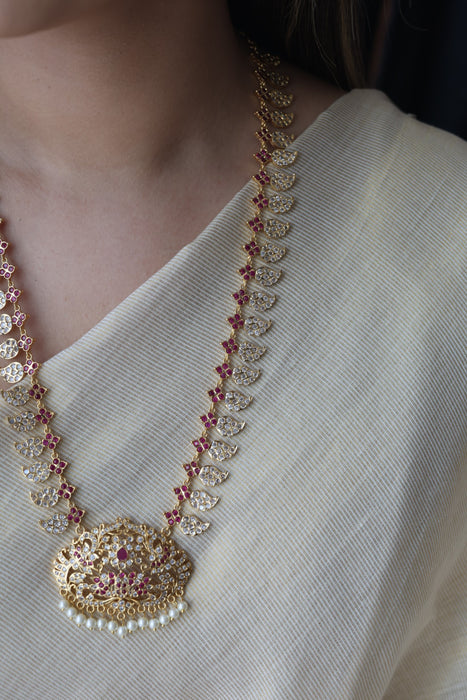 Heritage gold plated ruby white stone mango long necklace HL79913