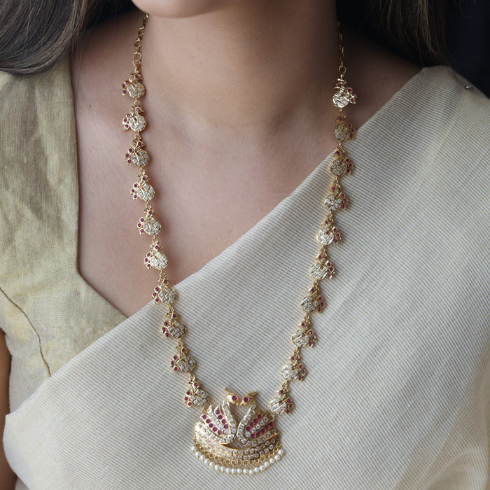 Heritage gold plated ruby white stone long necklace HL863