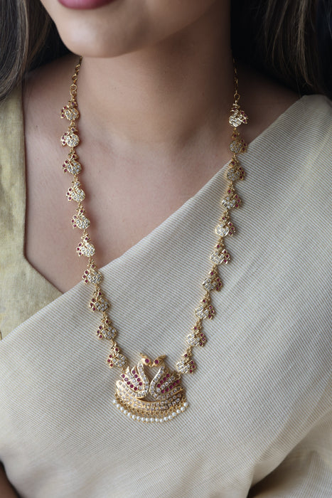 Heritage gold plated ruby white stone long necklace HL863
