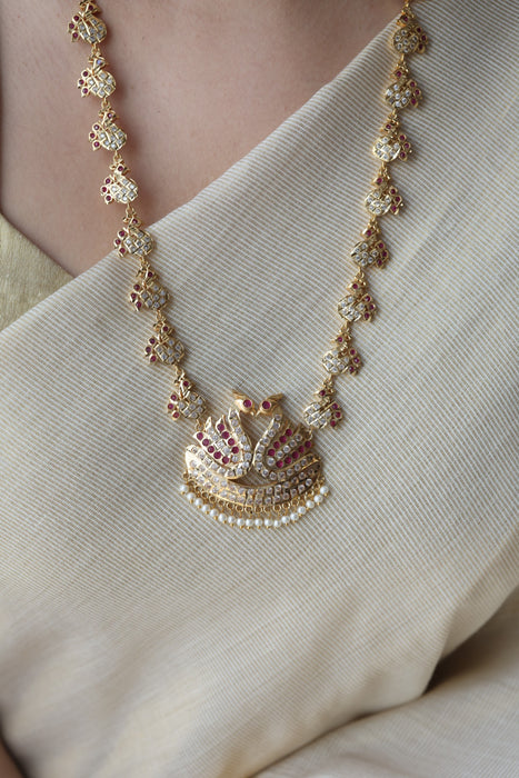 Heritage gold plated ruby white stone long necklace HL863