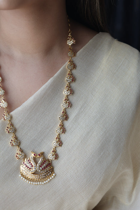 Heritage gold plated ruby white stone long necklace HL863