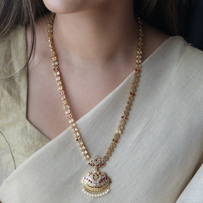 Heritage gold plated ruby white stone long necklace with earrings HL9762