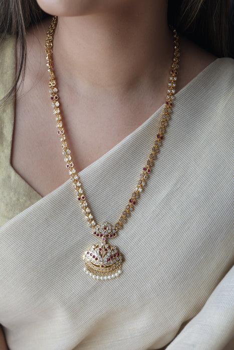 Heritage gold plated ruby white stone long necklace with earrings HL9762